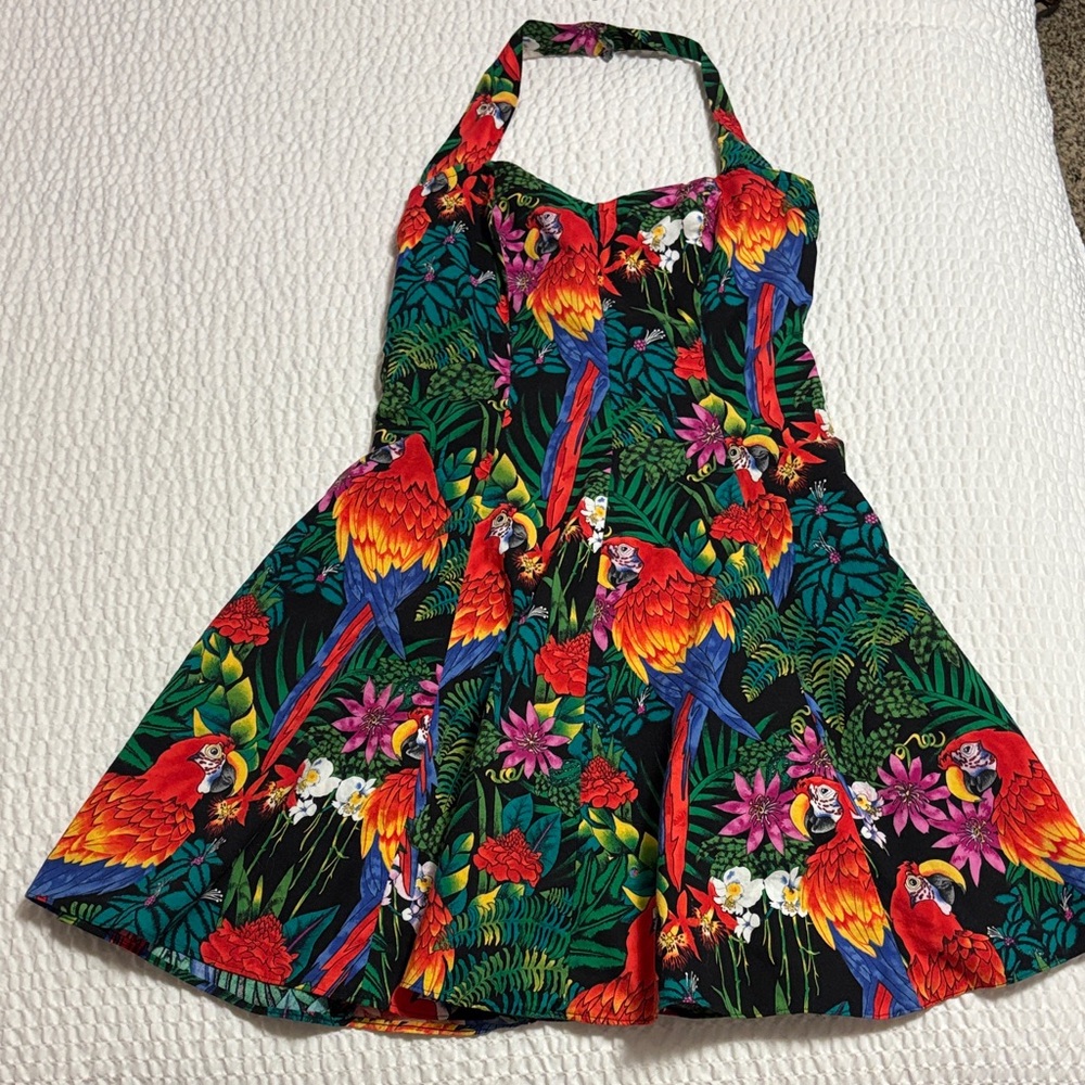 Vintage Vibrant Parrot Halter Dress